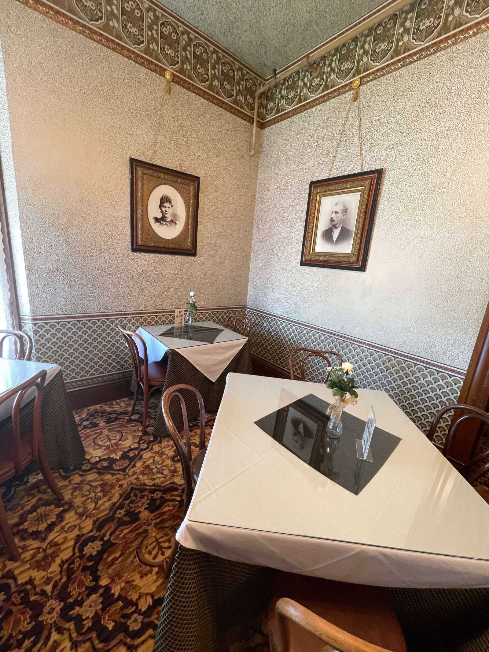 Dining room table and period interior inside the John Steinbeck House in Salinas.